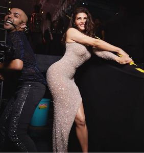 이브닝 드레스 Yousef Aljasmi High Neck Sleeve Pearls Beads Split Long Dress Sheath Kim Kardashian