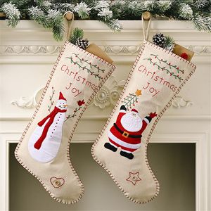 Calza di Natale del ricamo della tela da imballaggio 46 * 18cm Sacchetto di immagazzinaggio della caramella del regalo del bambino della tela da imballaggio Natale decorativo Babbo Natale pupazzo di neve appeso calza