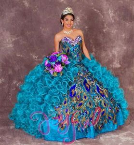 Sexy Sweet Sixteen Peacock Ballkleid Stickerei Quinceanera Kleider mit Perlen Sweet 16 Kleid 15 Jahre Abschlussballkleider210O