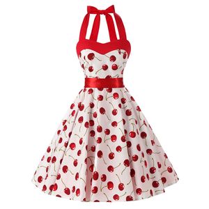 Dorywczo sukienki Kobiety Czerwona Cherry Party Dress Vintage 50s Rockabilly Hepburn 2021 Elegancki Letnia Bez Ramiączek Huśtawka Retro Halter Pin Up
