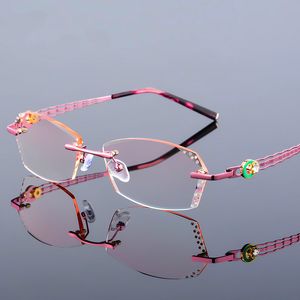 Hohe freier Anti Reflective Strass Lesebrille Frauen Rosa Brillen Diamant-Ausschnitt Randlos Presbyopic Brillen New