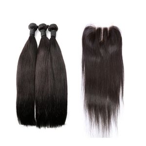 Indiska hårbuntar med stängning Silky Straight Virgin Human Hair Weaves Closure 3pieces med spetslås Tre del 4st / lot Bellahair