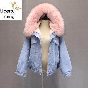 New Autumn Winter Thick Warm Denim Female Faux Big Fur Collar Fleece Hooded Jean Jacket Women BF Style Loose Fit Overcoat