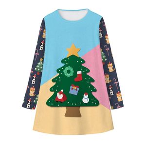 European och American Fashion New Christmas Bear Digital Utskrift Barnens Långärmad Klänning Härlig Fashion Girl's Dress