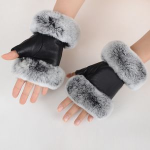 Winter Fashion Black Half Finger Genuine Leather Gloves Sheep Skin Fur Half Finger Fingerless Gloves Fur Mouth