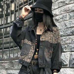 Streetwear Vintage Black Leopard Women Denim Jacket Spring Spring Harajuku Punk Jean Jean Jean Coat O namorado de outono de bolso solto de bolso