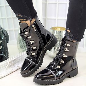 Autumn 939 Motorcycle Fashion Patent PU Round Toe Lace-up Combat Women Shoes Ladies Snow Office Boots Dropshipping 200916