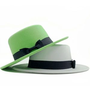 Partihandel Vintage Wide Brim Unisex Artificial Wool Flat Top Boater Kvinnor Mössor Fedora Felt hatt med Bowknot Ribbon Band Hat