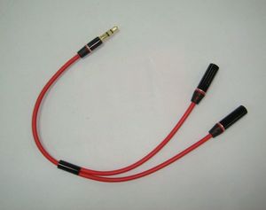 Wholesale - New earphone cable 3.5mm male to 2 female Metal branch red audio cable splitter adapter 100pcs/lot