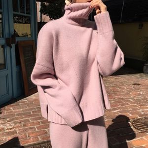 Mulheres de malha feminina outono inverno calças de malha + solto grossa turtleneck suéteres largamente calças de perna calças de duas peças conjunto T200916