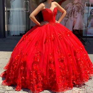 Red Hand Made Flowers Sweet 16 Dresses Ball Gowns Prom Vestidos De Quinceanera Strapless Pearls Beaded Tulle Party Formal Dress Long