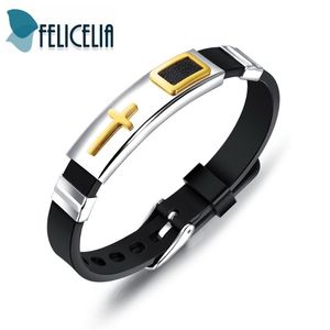 Felicelia Fashion Men Bracelet Stainless Steel Black Silicone Cross Bracelet For Men Boys Religious Jewelry Wristband