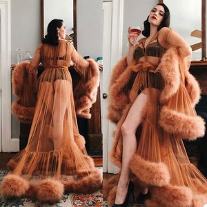 Kvinnors Faux Fur Robe Kimono Gravid Party Sleepwear Kvinnor Sexig Split Bathrobe Sheer Nightgown Prom Bridesmaid Shawel 2021