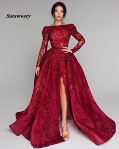 Vestidos Burgundy Long Evening Dress Off The Shoulder Long Sleeve Split Floor Length Evening Dresses New Formal Prom Gowns