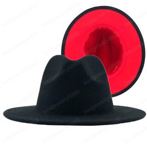 Unisex Dış siyah İç Kırmızı Yün Erkekler Kadınlara Geniş Brim Panama Trilby Cap ile Caz Fedora Şapka Keçe