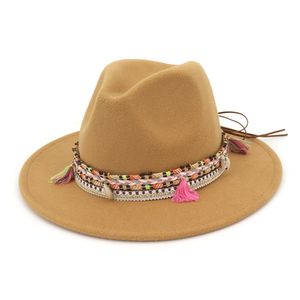 Unisex lã Aba larga de feltro Fedora chapéus com Jazz Cap fita trançada Ethnic Retro Panamá Estilo Formal Hat Trilby