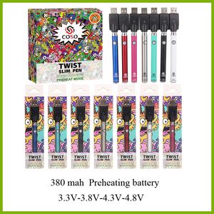 COSO 380mah bottom twist variable voltage preheating battery 3.3V-3.8V charger kit with 20pcs display box for thick oil vape cartridges
