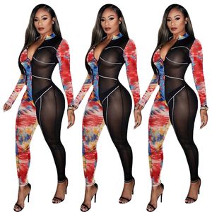 2020 New Winter Women Rompers Print Jumpsuits Turtleneck Långärmad Sexig nattklubb Party Hollow Out Bandage One Piece S M L XL XXL