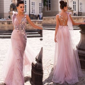 2021 Sexy Sheer Backless rosa Mermaid Prom Dresses Tulle Lace Longo Formal Evening vestidos de apliques 3D Piso Floral Comprimento Pageant Vestido
