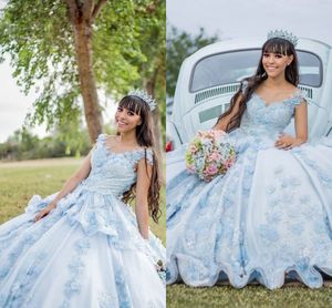 Gorgeous 3D Flowers Lace Quinceanera Dresses Ball Gowns Sweet 16 Girls Baby Blue O Neckline Short Sleeve Flower Graduation Prom Dress 8th