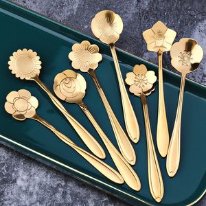 Flower Shape Stainless Steel Tea Spoons Gold Rose Cherry Blossoms Sunflower Coffee Spoon Creative Vintage Dessert Scoop Flatware DBC BH4098