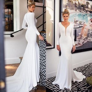 Crepe Mermailing скромные свадебные платья с длинными рукавами 2021 V-образным вырезом Полный задний Богемский сад Простые Страна Свадебные платья