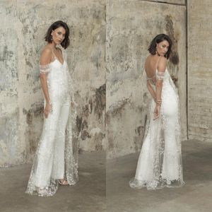 2021 Jumpsuits Bridal Outfit With Jacket Beach Wedding Dresses Ankle Length Lace Reception Gowns Women Pant Suit