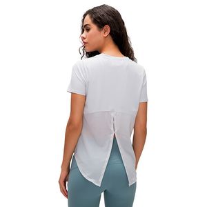 Mesh Back Lu Yoga toppar GM kläder Kvinnor Kortärmad t-shirt Fitness som kör modeband snabbtorkande andningsbar lös västblus lu topp