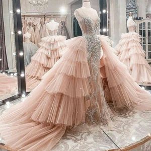 Light Pink Beaded Evening Dresses Sheer Neck Lace Transparent Prom Gowns with Detachable Train Elegant vestido de novia