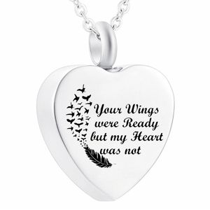 Jewelry Stainless Steel Heart Type Feather Necklace For Ashes Keepsake -You Wings Were Ready But My Heart Was Not