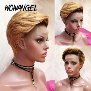 Wowangel Pixie Bob Taglio corto 4 * 4 pizzo Clousre Parrucche per capelli umani Densità 180% Miele Biondo Ombre Colorato C parte Donna Remy brasiliana