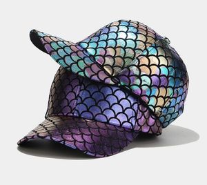 Metaliczna rybia łuska Mermaid Shine Fabric czapka z daszkiem regulowany pasek chłopcy dziewczęta mężczyźni kobiety kapelusz na lato