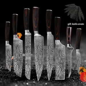 Japanese Imitation Laser Damascus Kitchen Knife Set 7CR17 440C Stainless Steel Gift Edge Guard Cover Sharp Chef Cleaver Boning Utility Knivse