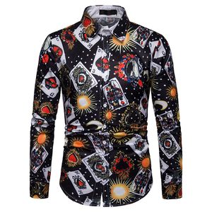 Men camisas casuais para festas usam mangas compridas padrão de poker impresso em 3D Blouse de colarinho solto 3xl