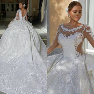 Plus Size Ball Gown Vintage Bröllopsklänningar 2021 Sheer Long Sleeves Lace Sequined Corset Back Custom Made Bridal Gowns Vestido de Novia