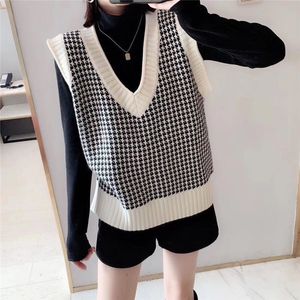 Angora Wool Knit Vest Sweater Women Winter Korean Vintage Houndstooth Geometric Plaid V Neck Sleeveless Pullover Jumper Top 200918