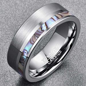 Bröllopsringar 8mm Natual Abalone Shell Tungsten Carbide Ring Silver Color Matte Surface Promise Smycken Engagement Men Anillos1215V