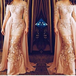 Modern Women Floral Mermaid Evening Dresses With Detachable Overskirt Train 2021 3D Lace Applique Illusion Long Sleeve Flower Prom Dress