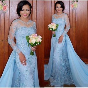 Arabic Light Sky Blue Evening Dresses With Detachable Train Long Sleeve Appliques Lace Women Mermaid Prom Party Dress Formal Event Gowns
