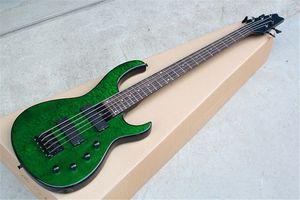 Yeşil Vücut 5 Strings 24 Fretlu Elektrik Bas Gitar Maple Kaplama, Siyah Donanım, Özelleştirilebilir
