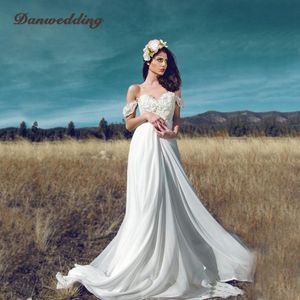 Elegant chiffong bröllopsklänning båt-nacke raffinering spets applique a-line brudklänning sexiga backless boho bröllopsklänningar