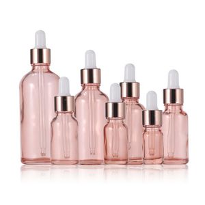 Glass Essential Oil Perfume Bottle 5ml 10ml 15ml 20 ml 50 ml 100 ml flytande reagenspipettdropparflaskor med rosa guldlock