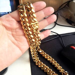 Luxurydesigner kubansk halsband 316L 18K guldpläterad högpolisk Miami kubansk länk halsband Men punk 15 mm dubbel säkerhetslås 18 in.-30 in