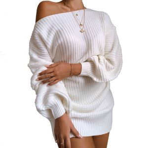 Women's Knits & Tees Autumn and Winter Knits Sweater casual dress off-the-shoulder sexy micro-miniskirt lantern sleeve loose winter knitted skirt Long Tees