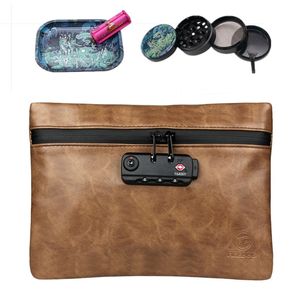 10 Set Smoking Smell Proof Bag Leather Tobacco Pouch With Combination Lock For Herb Odor Proof Stash Container Herb Ginder Metal Roller Tray