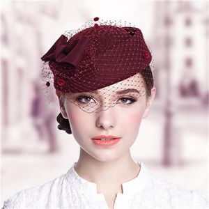 Berets Caps For Women Bride Elegant Wool Gauze Bow Airline Stewardess White Women's Fedora Caps Formal Lady Hat Royal Style2553