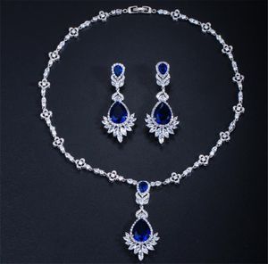 New Fashion blue square CZ Crystal Zircon Necklace Earrings Jewelry Set Silver Red Wedding Party Prom Sparking Jewelry Pendant Necklace Set