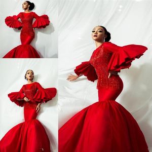 Arabic Red Poet Long Sleeves Prom Dresses Mermaid Evening Gowns with Tassels Luxury Sparkly Beaded Formal Party Pageant Gown