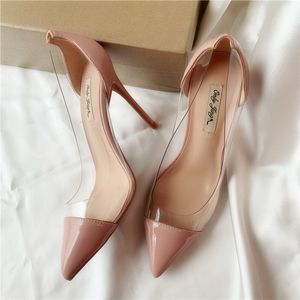 Dorywczo projektant Sexy Lady Moda Kobiety Buty Nude Patent Leather Clear Point Toe Stiletto Damskie Pompy 12 CM 10 CM 8cm Stripper Heels