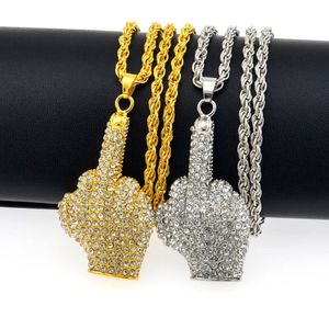 Gioielli da uomo Hip Hop Placcato oro argento Pieno strass Pendenti con pendenti con dito medio grande Collane con catena a torsione lunga 60 cm per gioielli da uomo